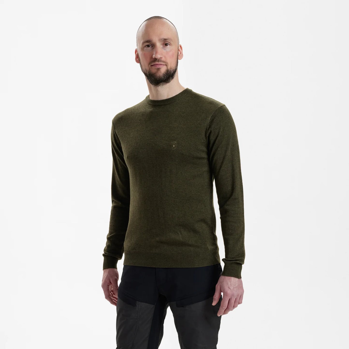 Kingston Stickad Tröja med rund hals - Green Melange - modell framifrån