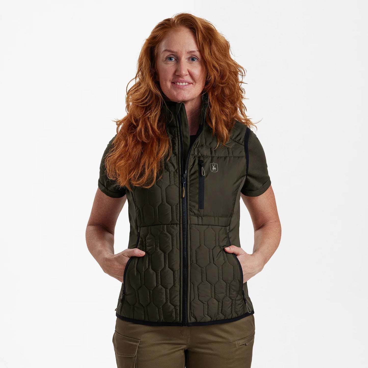 Lady Mossdale quiltad väst - Forest Green - modell framifrån