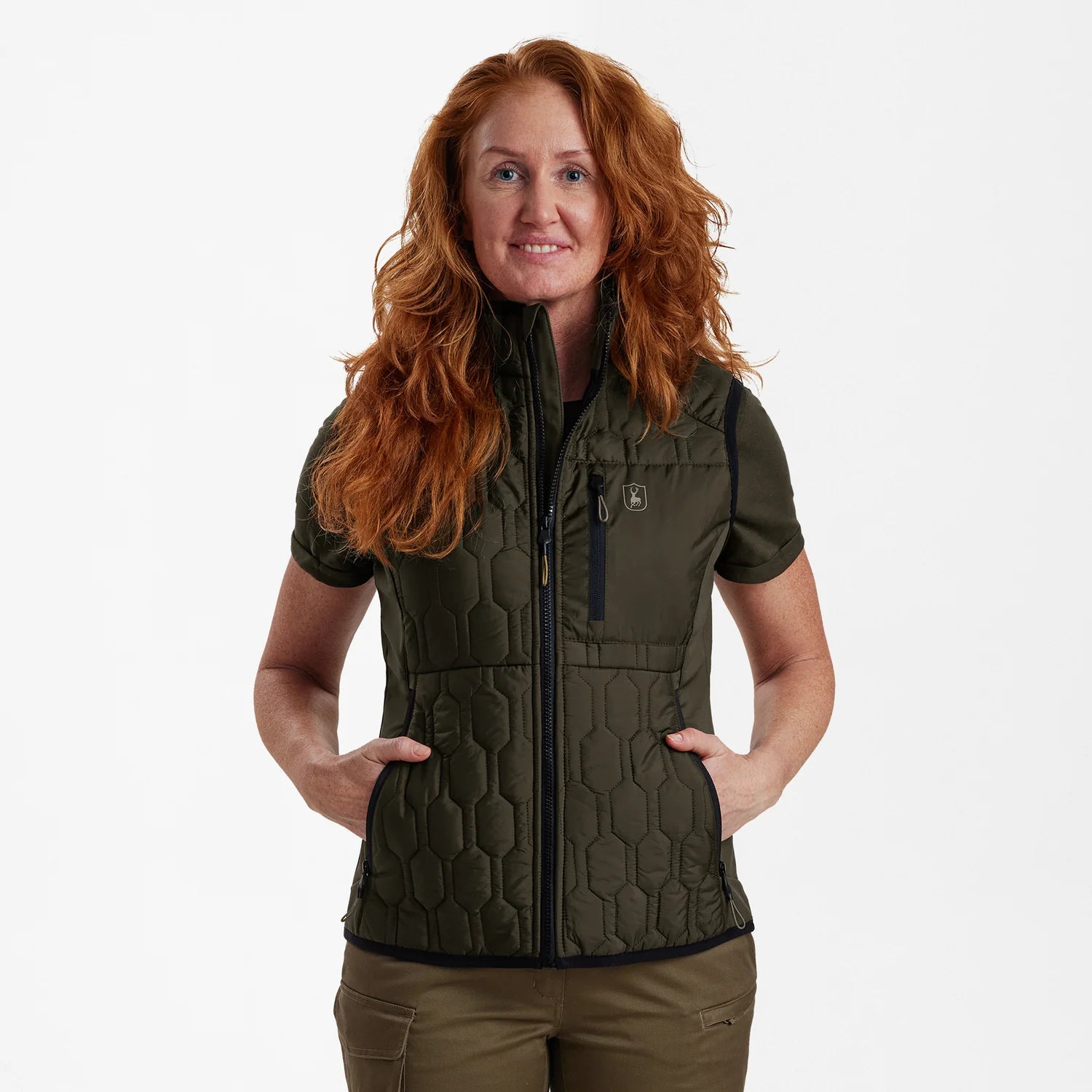 Lady Mossdale quiltad väst - Forest Green - modell framifrån
