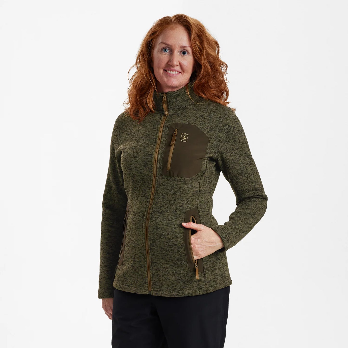 Lady Sarek Stickad Jacka - Olive Night melange - modell framifrån