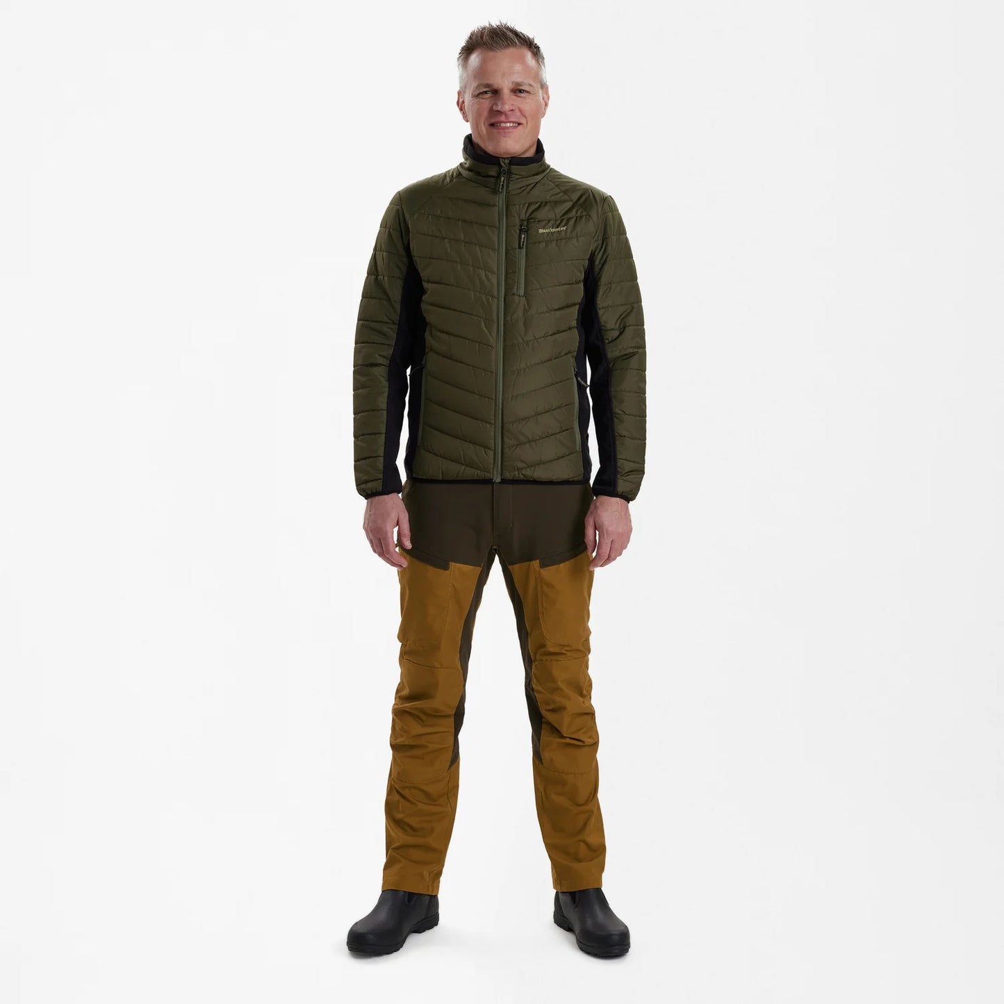 Moor Vadderad Jacka med softshell - Adventure Green - modell framifrån