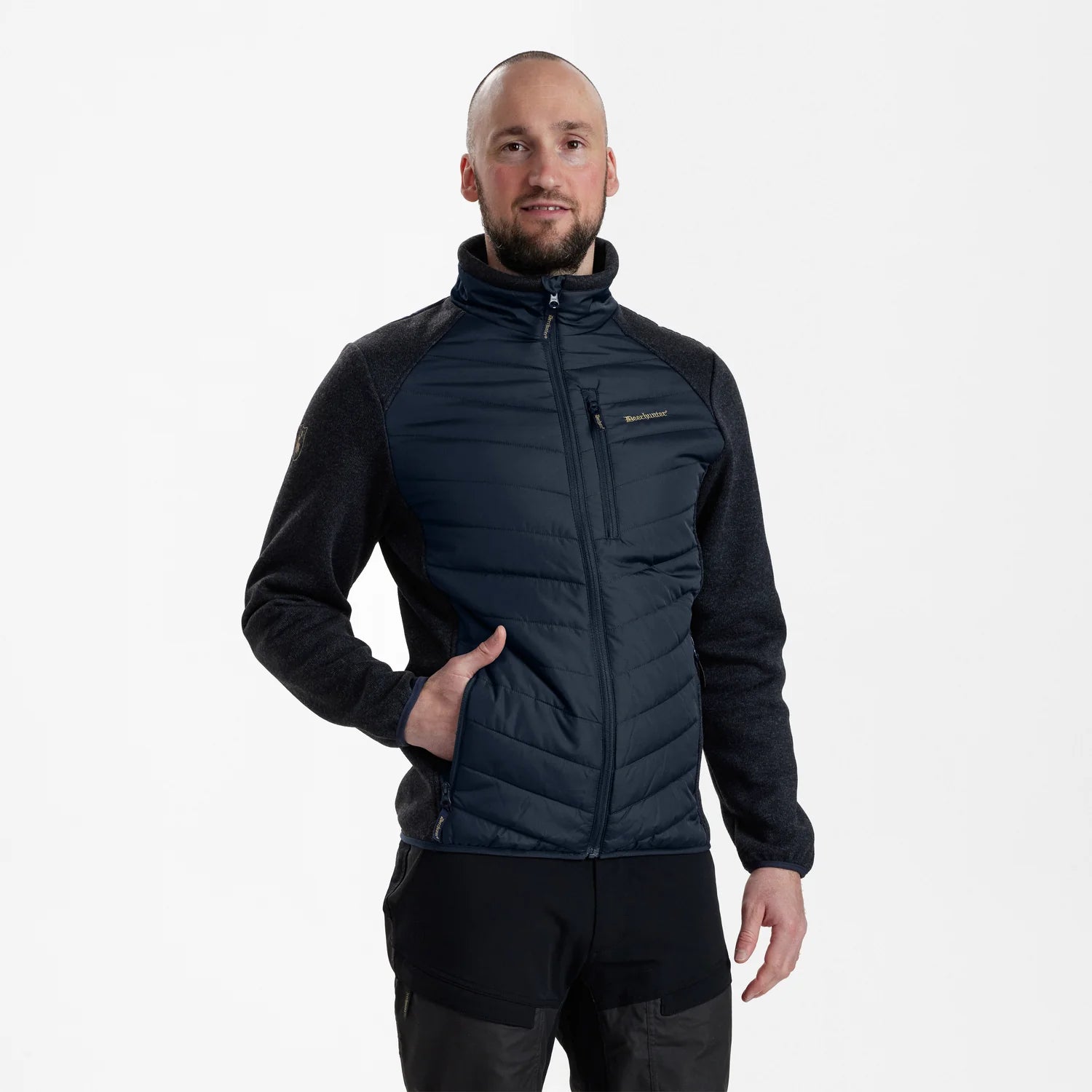 Moor Vadderad Jacka med stickning - Dark Blue - modell framifrån